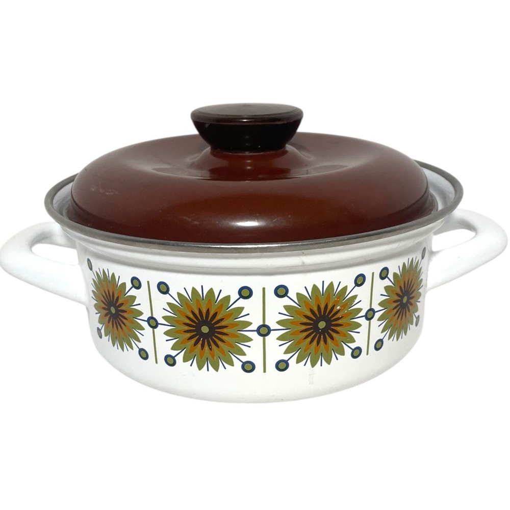 Vintage Austria Email Enamel Casserole Dish & Lid Starburst Pattern 8” Opening